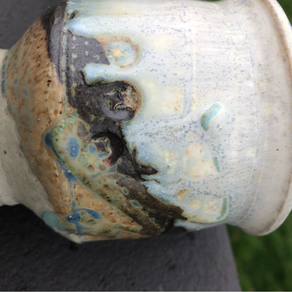 Artist Signed 2 Studio Pottery Goblets Cups - Creamy Tan Brown Blue Green Glaze - Picture 9 of 10